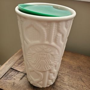 Starbucks white cable knit sweater traveler mug